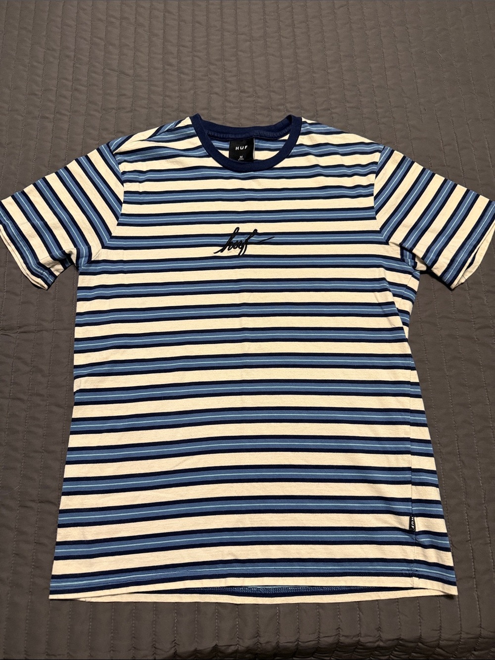 HUF Blue & White Horizontal Stripe Short Sleeve Tee